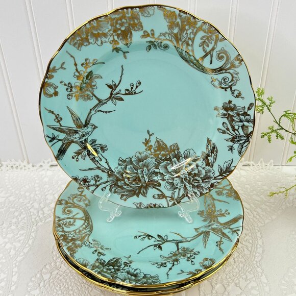 222 Fifth Adelaide Blue Gold Set of 4 Salad Lunch Plates Scalloped Edge 8.75" - Picture 11 of 11